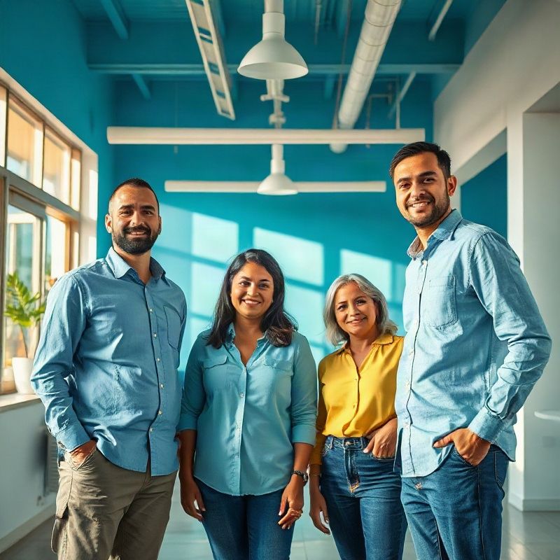 Equipe familiar da Ecologycompassx reunida em espaço de trabalho iluminado em Brasília